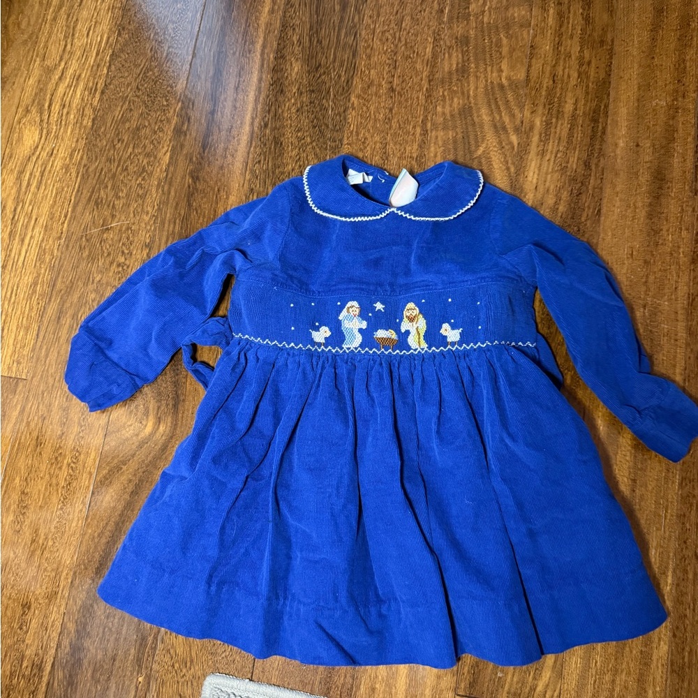 Nativity Smocked Royal Blue Collared Dress Corduroy